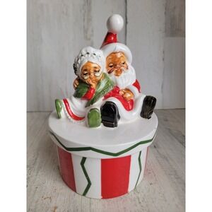 Lefton sleeping Mrs Mr Santa Claus vintage lidded container Xmas home